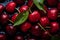 Close up of pile of juicy fresh cherries with leaves