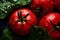 Close up of pile of juicy fresh tomatoes with leaves