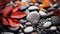 A close up of a pile of rocks and leaves with red leaf, AI