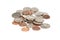 Close up of a pile of US coins- cents, dimes and quarters