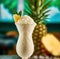 Close up of pina colada drink over pineapples created using generative ai technology