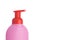 Close-up, pink bottle with dispenser with liquid soap, on a white background, on the right there is a place for the inscription