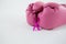 Close-up of pink Breast Cancer Awareness ribbon with boxing gloves pair