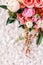 Close up of pink and lilac wedding bouquet. Wedding decoration. Bride`s wedding bouquet. Fresh flower decoration
