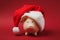 Close up of pink piggy money bank with Christmas hat on bright red background. Money accumulation, investment