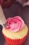 Close up of a pink rose frosted cupcake being iced