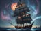 Close-up of a pirate vessel sailing the sea under a mesmerizing night sky with a galaxy. Ship sailing wall art