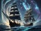 Close-up of a pirate vessel sailing the sea under a mesmerizing night sky with a galaxy. Ship sailing wall art