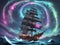 Close-up of a pirate vessel sailing the sea under a mesmerizing night sky with a galaxy. Ship sailing wall art