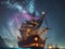 Close-up of a pirate vessel sailing the sea under a mesmerizing night sky with a galaxy. Ship sailing wall art