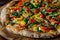 A close up of a pizza with colorful vegetable toppings on a wooden board, A pizza topped with a colorful array of vegetables and