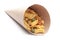 Close up of plane salty Golden Mixture Indian namkeen snacks  In handmade  handcraft  brown paper cone bag