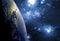 Close up planet earth biosphere in space with stars and galaxy on background. Elements of this image furnished by NASA. f