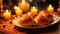 A close-up of a plate of freshly baked saffron buns, a traditional St. Lucia Day delicacy, arranged beautifully set table. The