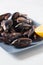 Close up of a plate with freshly coocked mussels on dining table