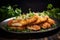 A close-up of a plate of fried chicken breasts, topped with parmesan cheese and herbs