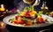 close-up on a plate with healthy food on blurred dark background