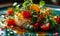 close-up on a plate with healthy food on blurred dark background