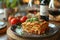 Close-up plate Italian lasagna basil, tomatoes and red wine, rustic dinner table