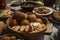 close-up of plate with mouthwatering picnic fare, including meatballs, cheese, and bread rolls