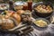 close-up of plate with mouthwatering picnic fare, including meatballs, cheese, and bread rolls