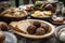 close-up of plate with mouthwatering picnic fare, including meatballs, cheese, and bread rolls