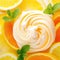 A close up of a plate of orange slices and whipped cream, sorbet swirl on white.