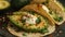 A close up of a plate with three tortillas and some avocado, AI