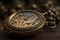 a close up of a pocket watch on a table with beads