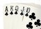 Close up of a poker hand of playing cards showing a royal flush.