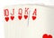 Close up of a poker hand of playing cards showing a royal flush.