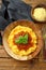 Close up Polenta with ragu` bologenese in ceramic bowl