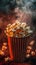A close up of a popcorn bucket with smoke coming out, AI