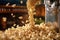 A close-up of a popcorn machine, with popcorn kernels popping and flying out of the machine, capturing the essence of the popcorn-