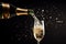 Close up of a popping champagne with golden bubbles bottle pour in champagne glass. Generative Ai
