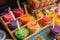 close-up of popsicle stand, with colorful frozen treats and spoons in view