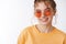 Close-up popular stylish attractive self-assured ginger girl wearing sunglasses orange t-shirt smiling confident have