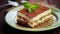 Close up on a portion of gourmet tiramisu Italian dessert topped with a sprig of mint Generative AI