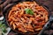 Close-up of a portion of penne arrabiata