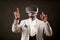 Close up portrait of Afro guy in VR glasses interracting with unreal world