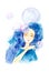 Close-up portrait of a beautiful girl in a blue dress with blue hair and closed eyes.Surrounded by big soap bubbles. Watercolor