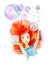 Close-up portrait of a beautiful girl in a blue dress with red hair and blue eyes.Surrounded by big soap bubbles.Catches them with