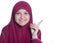 Close-up portrait of Beautiful Muslim Girl point her finger. Over white background