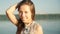 Close up portrait of beautiful young woman. wind blowing hair