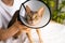 Close-up portrait of a blue Abyssinian cat with an e-collar, which is carefully held in his hands by the man owner. necessary care