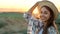 Close up portrait of charming american woman smiling at sunset