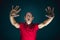 Close up portrait of crazy scared and shocked man isolated on dark background