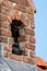 A close up portrait of a crow sitting in its nest which it made inside of a chimney. The bird is looking around like it is keeping