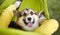 Close-up portrait of cute dog Welsh Corgi Pembroke lying in green hammock with his owner. Smiling Corgi puppy looking in