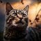 Close-Up Portrait of a Cute Gray Cat with Black Stripes and Luminous Eyes Gazing at Sunset. Generative Ai